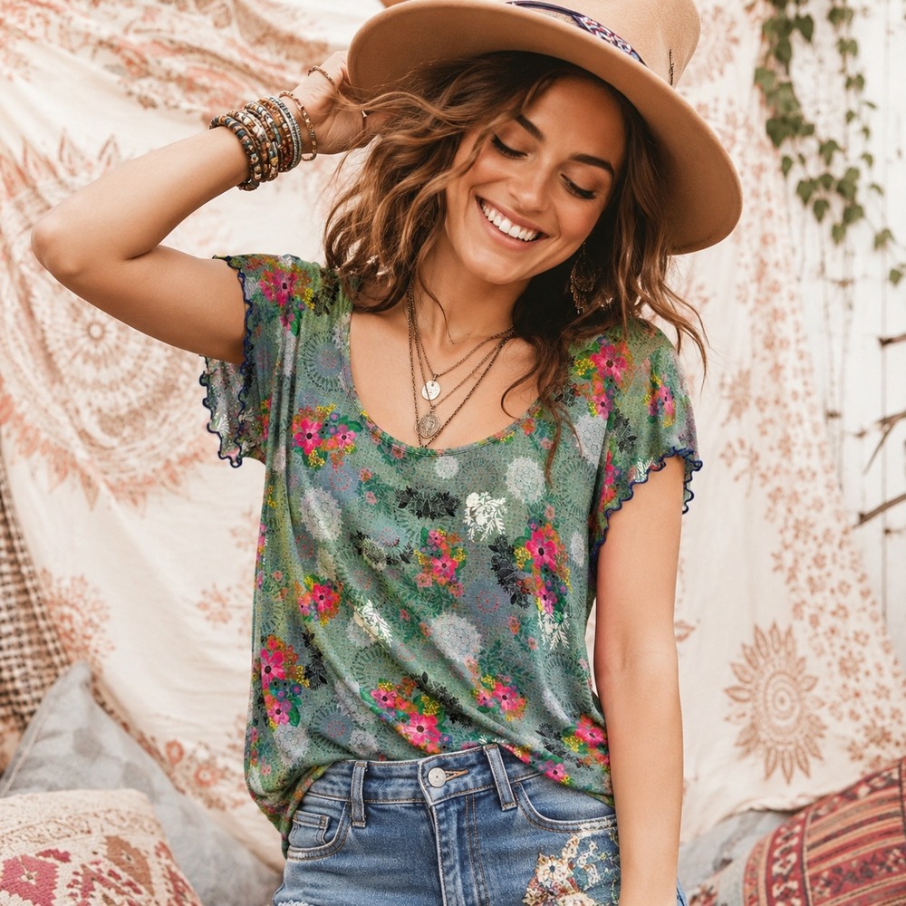 Natural Life Womens Floral Lettuce Hem Tee XL Green Boho Cottage Fairy Grunge